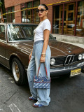 Women With Balloon Drawstring Cuffed Hem Denim Pants