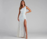 Women Sequin One Shoulder Slash Shoulder Split Evening Dress