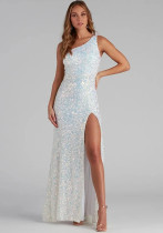 Women Sequin One Shoulder Slash Shoulder Split Evening Dress