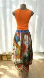 Women Spring Summer Top & Printed Irregular Midi Skirt Two Piece Set