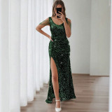 Women Sequin V-Neck Split Beaded Bodycon Dress