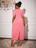Plus Size Women Pink Sequin V-Neck Flutter Sleeve Irregular Ruffle Formal Party Dress