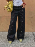 Women Red Contrast Stitch Symmetric Pocket Metal Snap Button Denim Pants