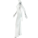 Women Halter Neck V-Neck Backless Solid Wide Leg Bell Bottom Jumpsuit