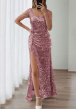 Women Sequin V-Neck Split Beaded Bodycon Dress
