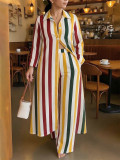 Women Casual Holiday Vertical Striped Long Shirt & Wide Leg Pants Two Piece Set