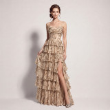 Women Lace-Up Sequin Cascading Ruffles Fishbone Formal Party Evening Dress