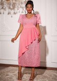 Plus Size Women Pink Sequin V-Neck Flutter Sleeve Irregular Ruffle Formal Party Dress
