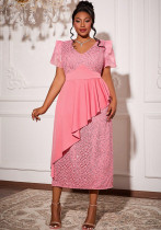 Plus Size Women Pink Sequin V-Neck Flutter Sleeve Irregular Ruffle Formal Party Dress Plus Size Women Pink Sequin V-Neck Flutter Sleeve Irregular Ruffle Formal Party Dress