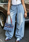 Women With Balloon Drawstring Cuffed Hem Denim Pants