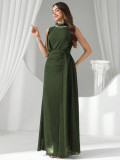 Women Elegant Beaded Chiffon Sleeveless Solid Dress