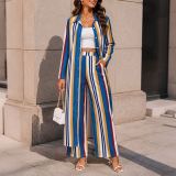 Women Casual Holiday Vertical Striped Long Shirt & Wide Leg Pants Two Piece Set