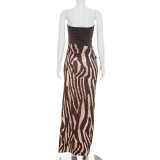 Women Autumn Sexy Leopard Print Sleeveless Patchwork Strapless Dress