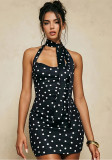 Women Polka Dot Halter Neck Strapless Backless Stretch Bodycon Dress