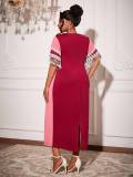 Women Patchwork Tassel Short Sleeve Round Neck Bodycon Maxi Dress