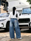 Women Washed Polka Dot Print Pocket Embroidery Denim Pants