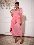 Plus Size Women Pink Sequin V-Neck Flutter Sleeve Irregular Ruffle Formal Party Dress