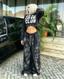 Women Casual Drawstring Pocket Letter Print Top & Pants Two Piece Set