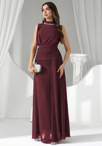 Women Elegant Beaded Chiffon Sleeveless Solid Dress
