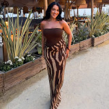 Women Autumn Sexy Leopard Print Sleeveless Patchwork Strapless Dress