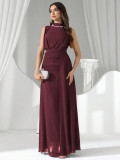 Women Elegant Beaded Chiffon Sleeveless Solid Dress