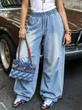Women With Balloon Drawstring Cuffed Hem Denim Pants