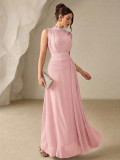 Women Elegant Beaded Chiffon Sleeveless Solid Dress