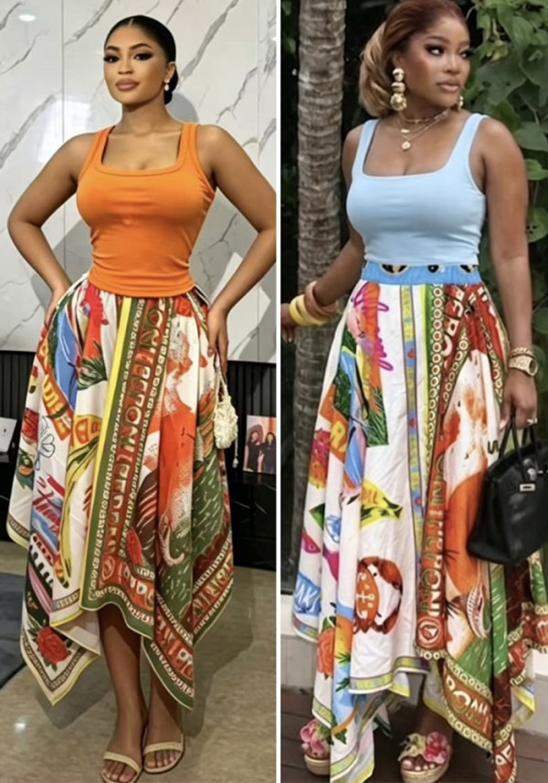 Women Spring Summer Top & Printed Irregular Midi Skirt Two Piece Set