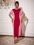 Women Patchwork Tassel Short Sleeve Round Neck Bodycon Maxi Dress