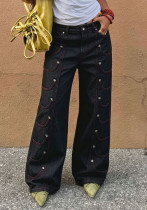 Women Red Contrast Stitch Symmetric Pocket Metal Snap Button Denim Pants Women Red Contrast Stitch Symmetric Pocket Metal Snap Button Denim Pants