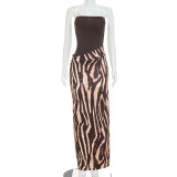 Women Autumn Sexy Leopard Print Sleeveless Patchwork Strapless Dress