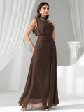 Women Elegant Beaded Chiffon Sleeveless Solid Dress