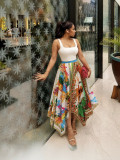 Women Spring Summer Top & Printed Irregular Midi Skirt Two Piece Set