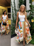 Women Spring Summer Top & Printed Irregular Midi Skirt Two Piece Set