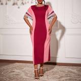 Women Patchwork Tassel Short Sleeve Round Neck Bodycon Maxi Dress