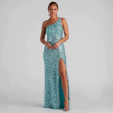 Women Sequin One Shoulder Slash Shoulder Split Evening Dress