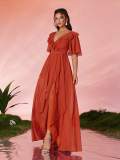 Women V-Neck Ruffle Split Holiday Bridesmaid Evening Dress