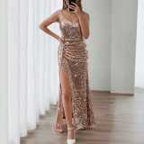 Women Sequin V-Neck Split Beaded Bodycon Dress