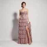 Women Lace-Up Sequin Cascading Ruffles Fishbone Formal Party Evening Dress