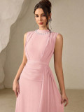 Women Elegant Beaded Chiffon Sleeveless Solid Dress