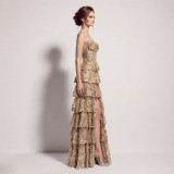 Women Lace-Up Sequin Cascading Ruffles Fishbone Formal Party Evening Dress