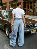 Women With Balloon Drawstring Cuffed Hem Denim Pants