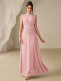 Women Elegant Beaded Chiffon Sleeveless Solid Dress