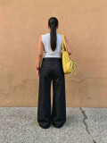Women Red Contrast Stitch Symmetric Pocket Metal Snap Button Denim Pants