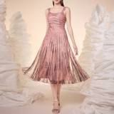 Women Striped Mesh Cami Pleated Dress