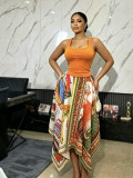 Women Spring Summer Top & Printed Irregular Midi Skirt Two Piece Set