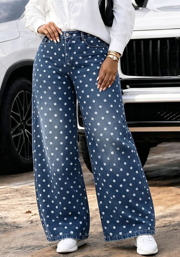 Women Washed Polka Dot Print Pocket Embroidery Denim Pants