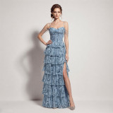 Women Lace-Up Sequin Cascading Ruffles Fishbone Formal Party Evening Dress