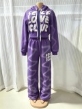 Women Casual Drawstring Pocket Letter Print Top & Pants Two Piece Set