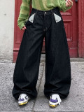 Women Flap Pocket Washed Denim Pants